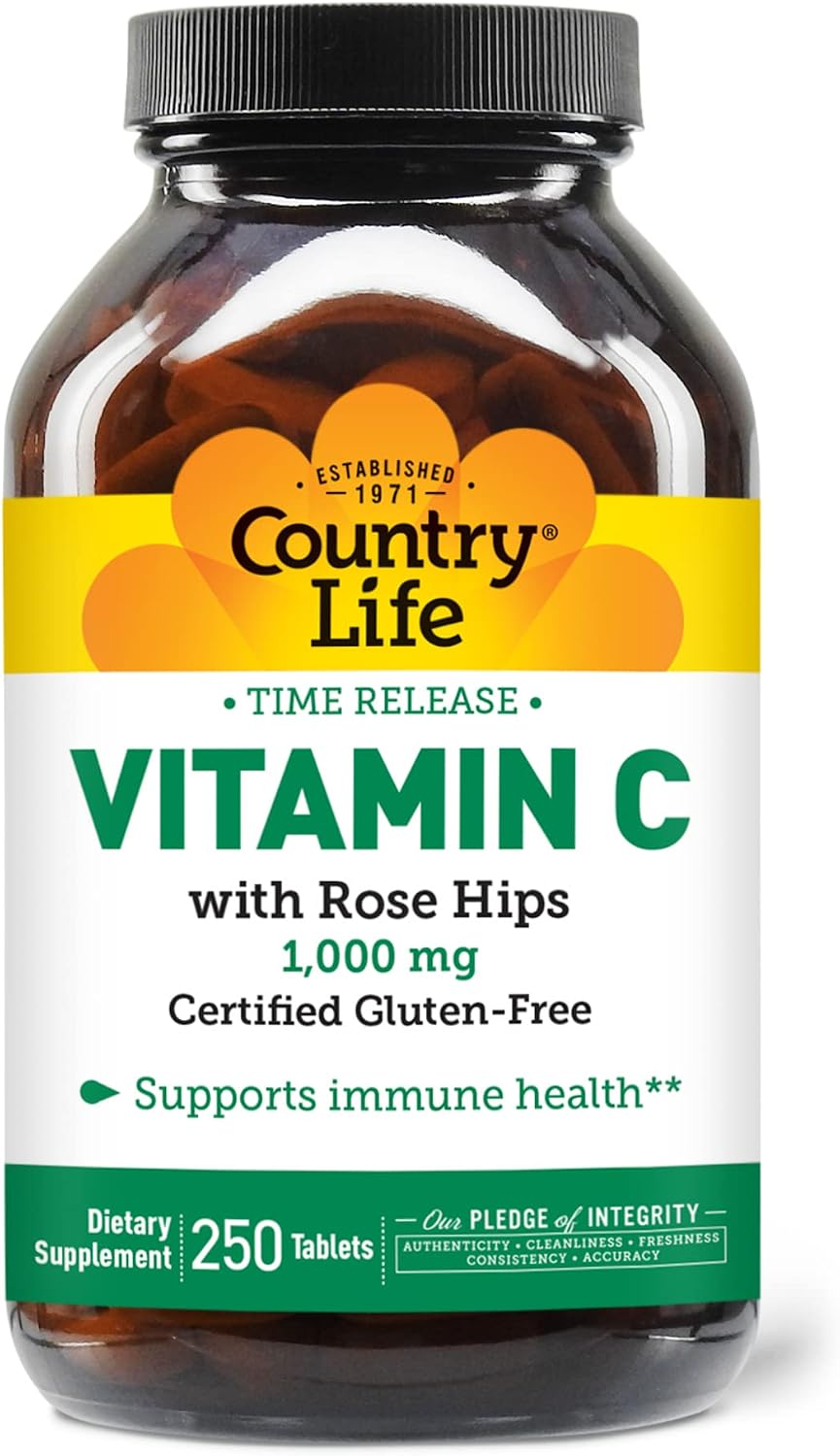 Country Life Vitamina C 1000 mg con Rose Hips, de Liberación Sostenida, 250 tabletas