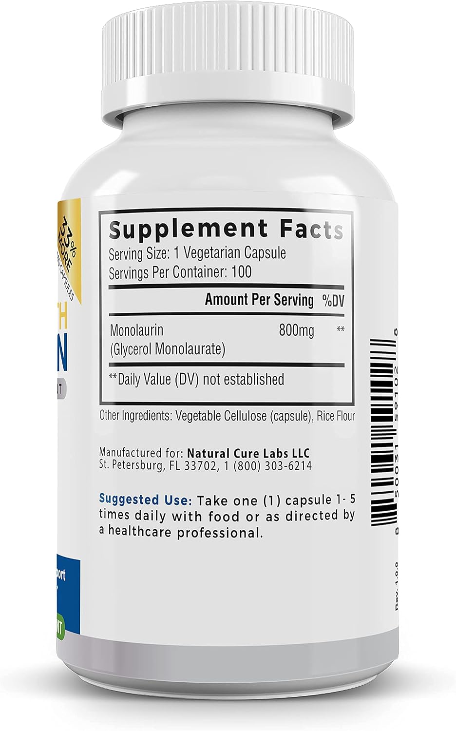 Palmara Health Extra Strength Monolaurin 1.600 mg por Dosis, 800 mg por Cápsula