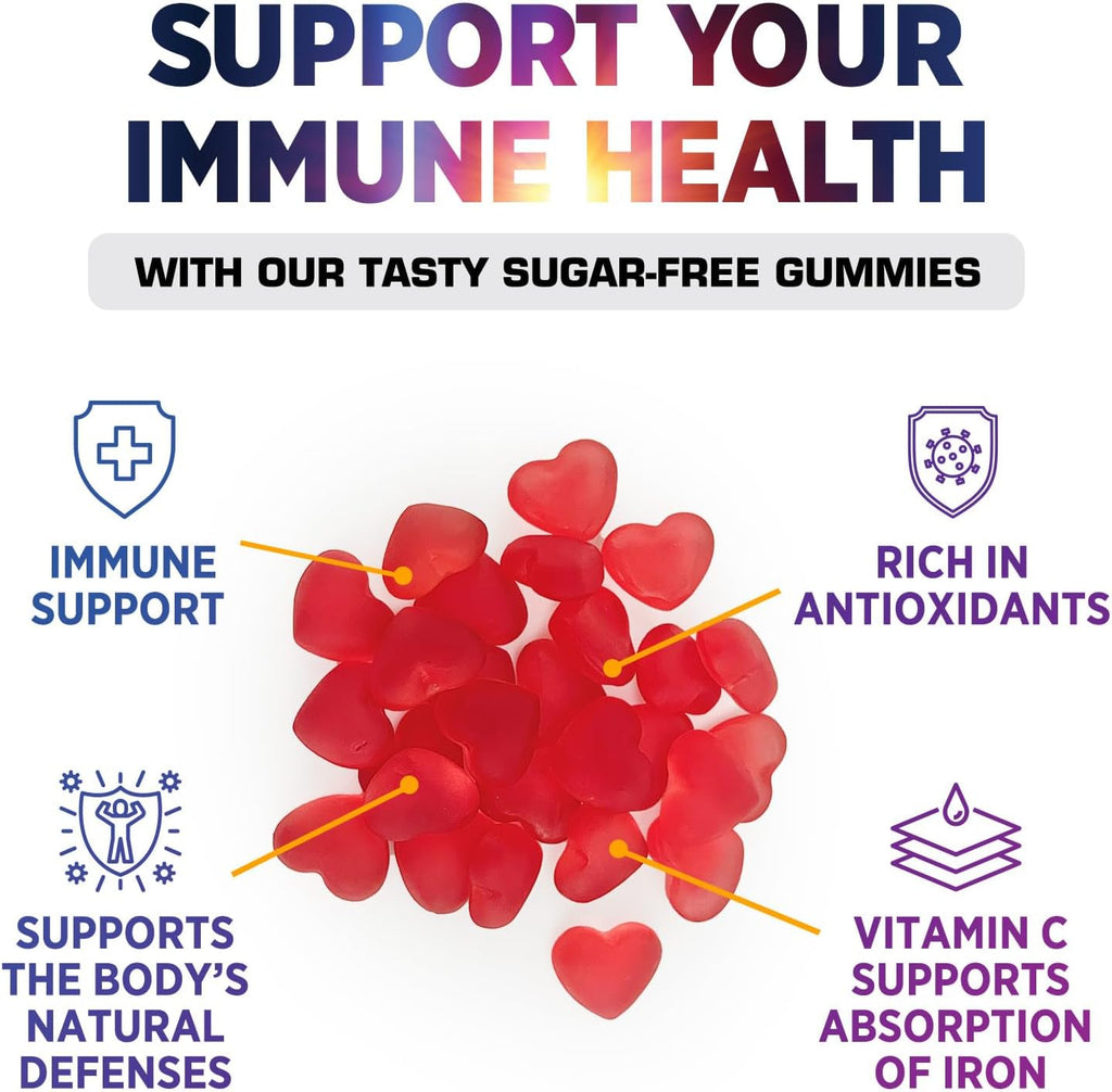 Gominolas de Vitamina C Sin Azúcar - Apoyo Inmune y Antioxidante - Vegano, Sin Gluten - Sabor Frambuesa - 120 Gominolas