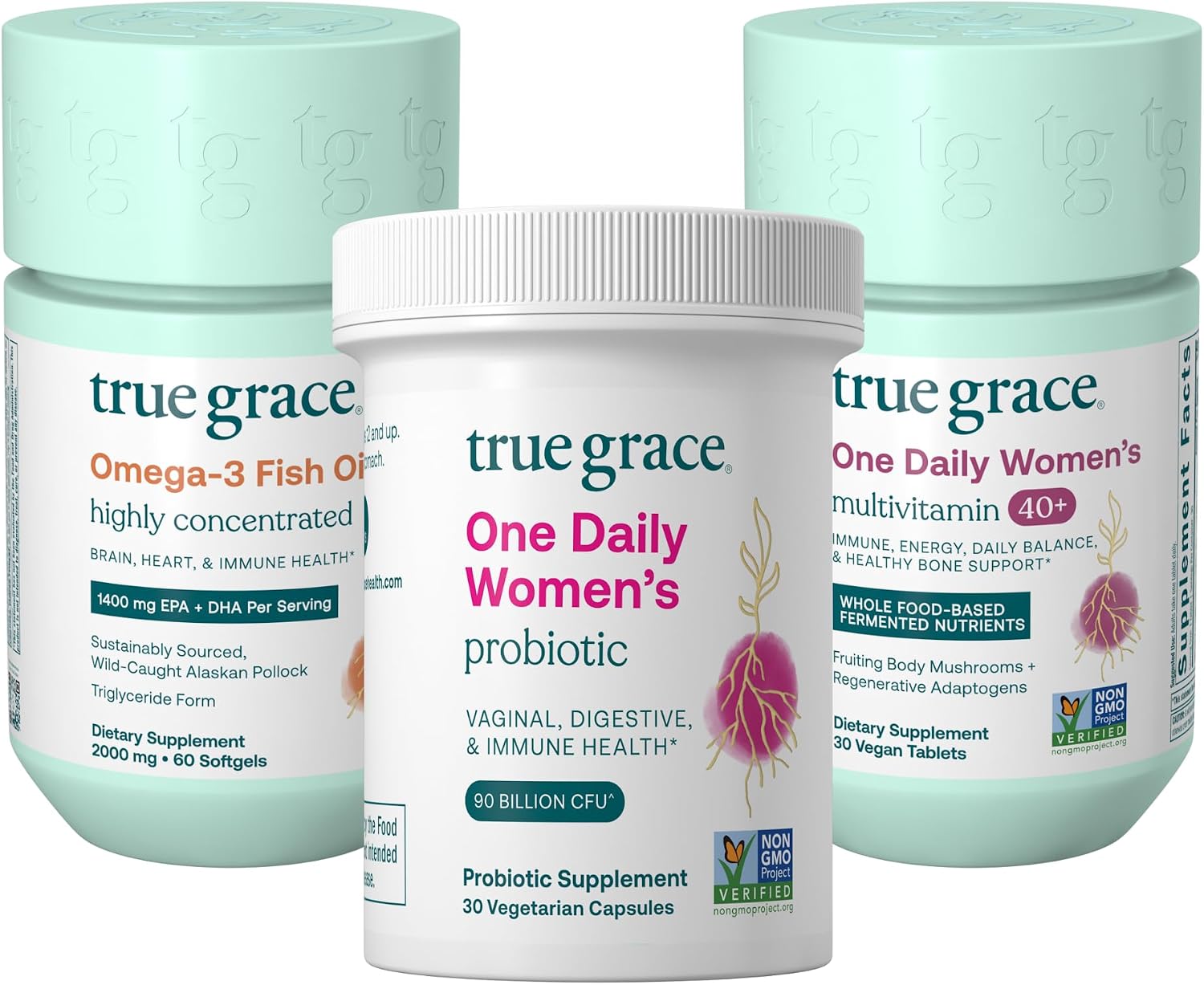 True Grace Pack Bienestar Mujer 40+: Multivitamínico, Omega-3 y Probiótico (30 Días)
