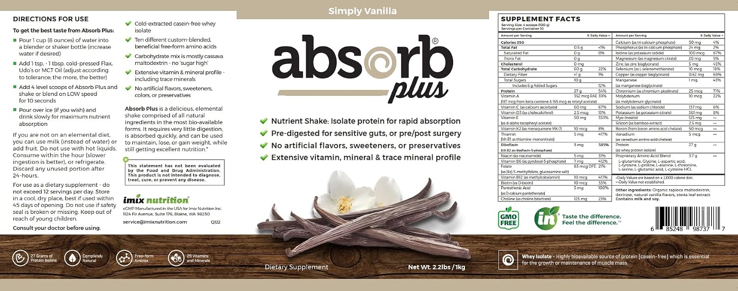 Isolate Protein - Suplemento dietético para mejorar la salud intestinal y aporte nutricional extra, sin OMG, sin gluten, sin lactosa, sin caseína (2.2 lbs, Vainilla Simple)