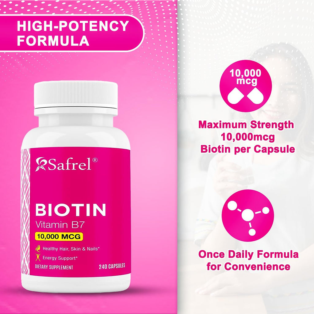 Safrel Biotina (Vitamina B7) 10.000 mcg – 240 Cápsulas Veganas, Sin Gluten