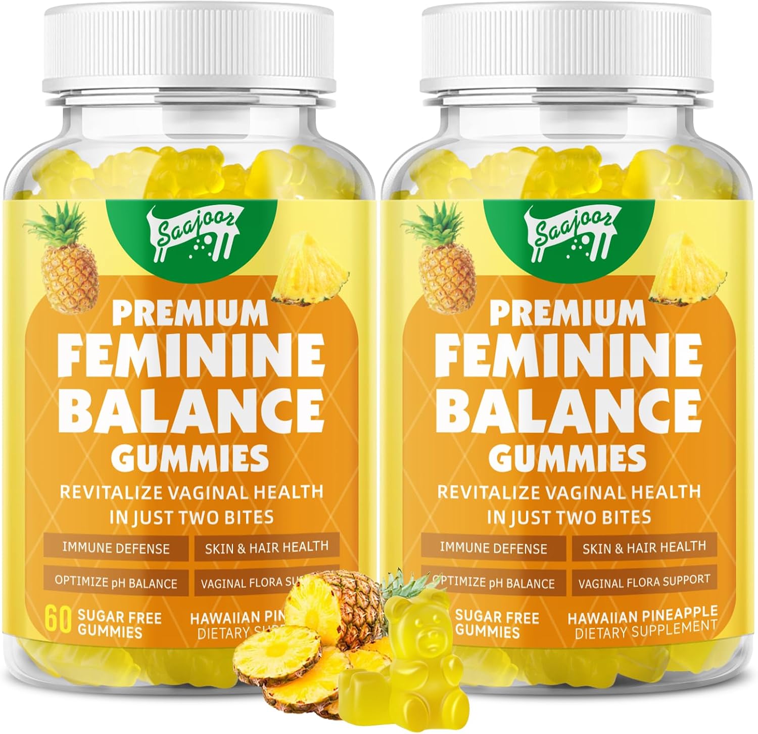 Saajoor Premium Feminine Balance Gummies - Gominolas para la Salud Femenina con Probióticos y Vitamina C, Sabor Piña Hawaiana, 60 Gominolas Veganas
