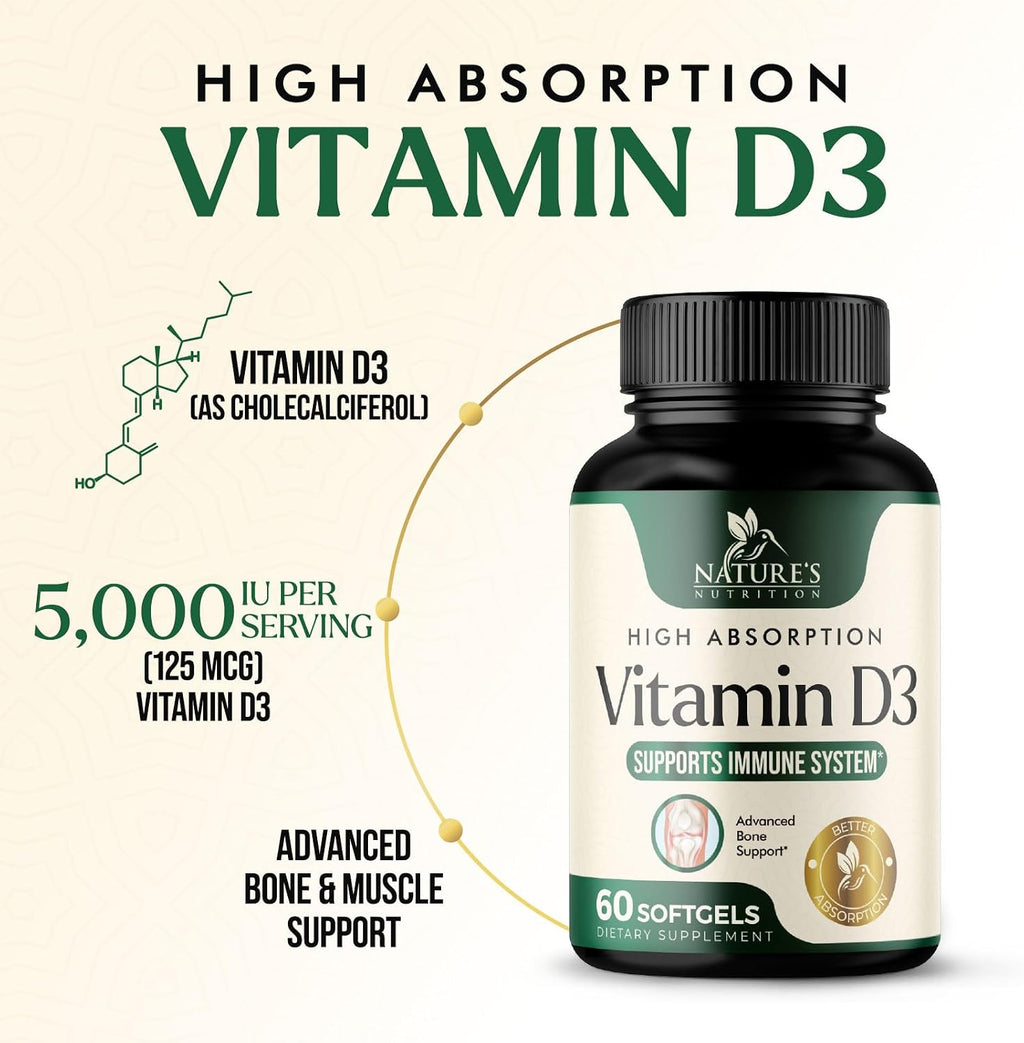 Nature's Nutrition Vitamina D3 5000 UI - 60 Cápsulas Blandas - Suplemento Extra Fuerte para Huesos, Dientes, Músculos e Inmunidad