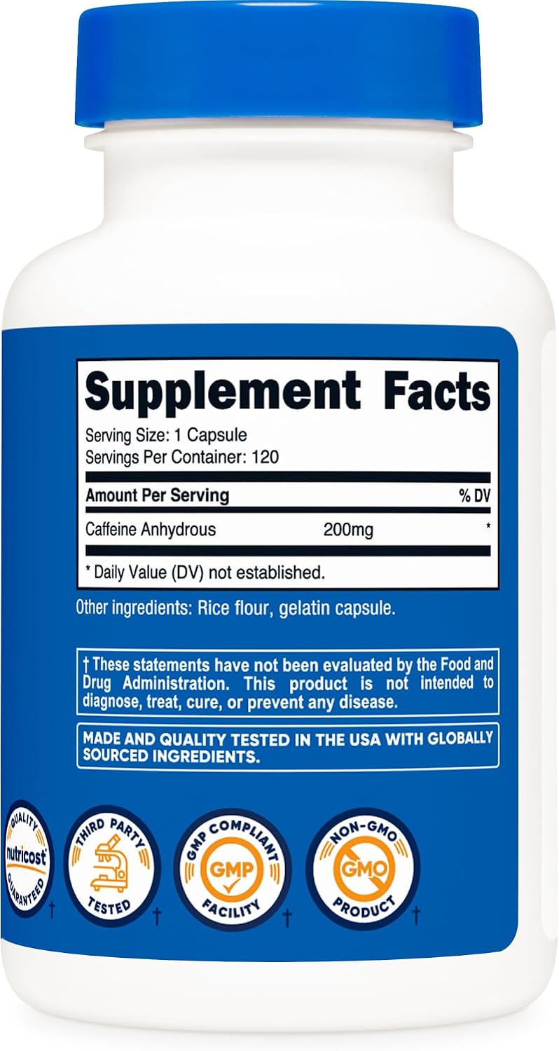 Nutricost Cafeína 200mg, 120 Cápsulas - Sin Gluten, No OGM