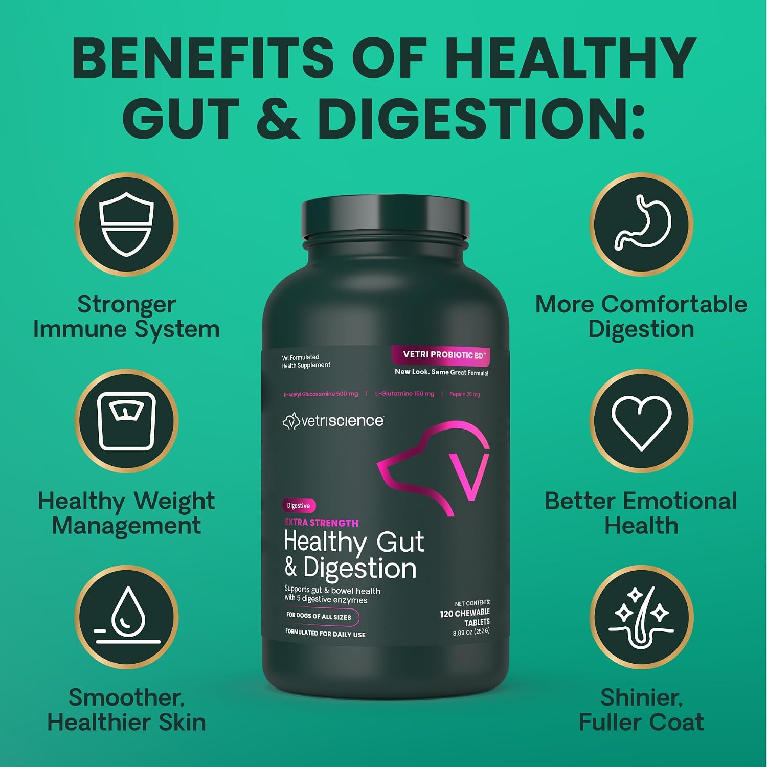 VetriScience Extra Strength Healthy Gut & Digestion - Complemento para perros con probióticos y enzimas digestivas, 120 comprimidos masticables sabor pollo
