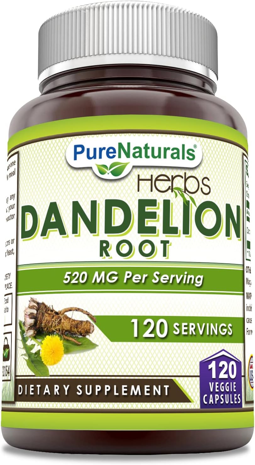 Pure Naturals Raíz de Diente de León 520 mg por ración, 120 cápsulas veganas | Non-GMO | Sin gluten | Fabricado en EE.UU.