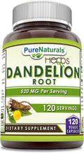 Pure Naturals Raíz de Diente de León 520 mg por ración, 120 cápsulas veganas | Non-GMO | Sin gluten | Fabricado en EE.UU.