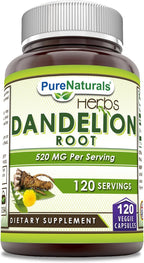 Pure Naturals Raíz de Diente de León 520 mg por ración, 120 cápsulas veganas | Non-GMO | Sin gluten | Fabricado en EE.UU.