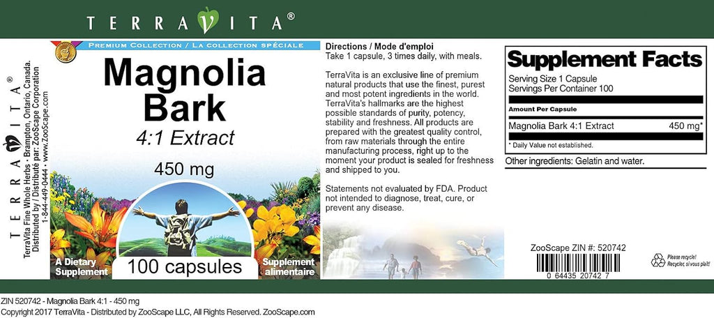 Extracto de Corteza de Magnolia 4:1 - 450 mg, 100 Cápsulas - TerraVita