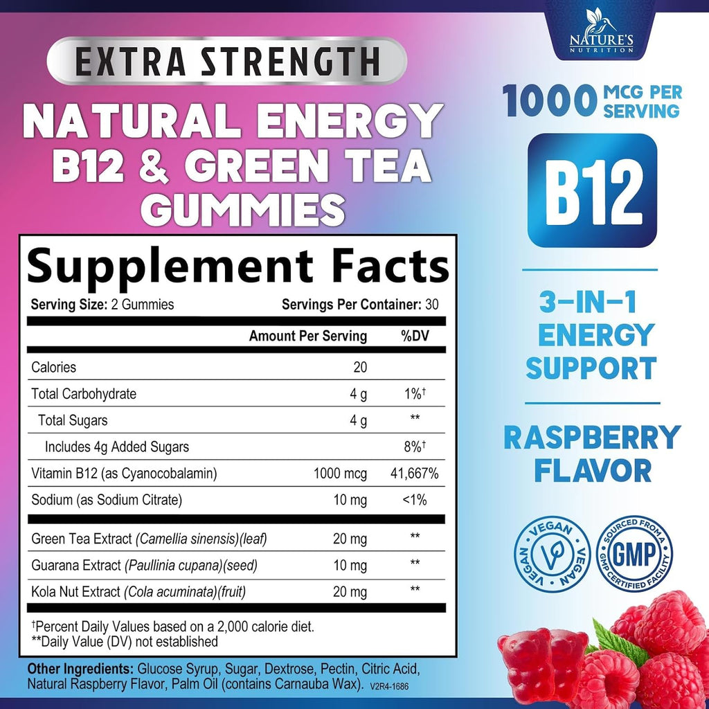 Energy Gummies con Vitamina B12 y Cafeína Natural - 1000 mcg - 60 Gominolas