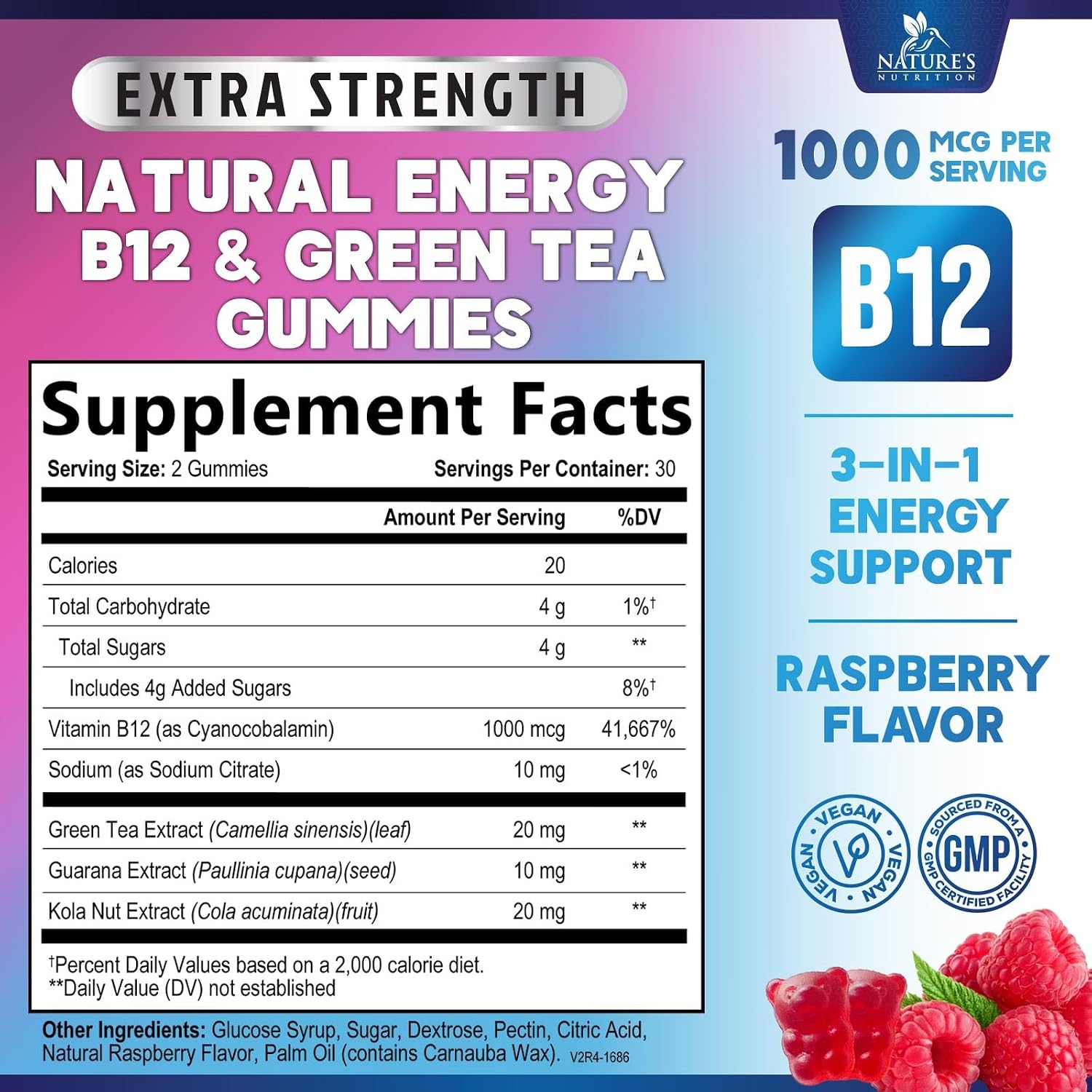 Energy Gummies con Vitamina B12 y Cafeína Natural - 1000 mcg - 60 Gominolas