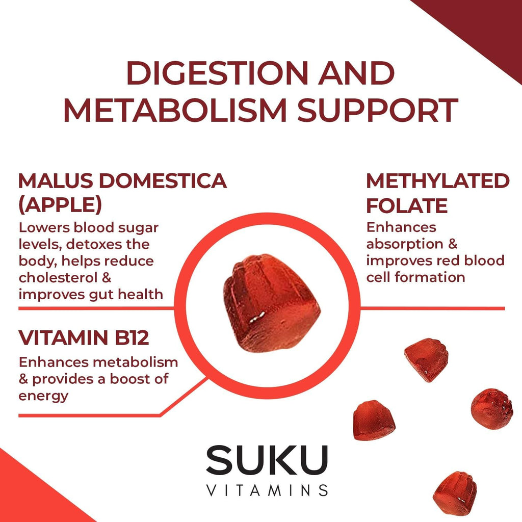 SUKU Appley Ever After Gummies – Vinagre de Manzana con B12 y Folato Metilados – Sin Azúcar, Vegano – 50 Gominolas