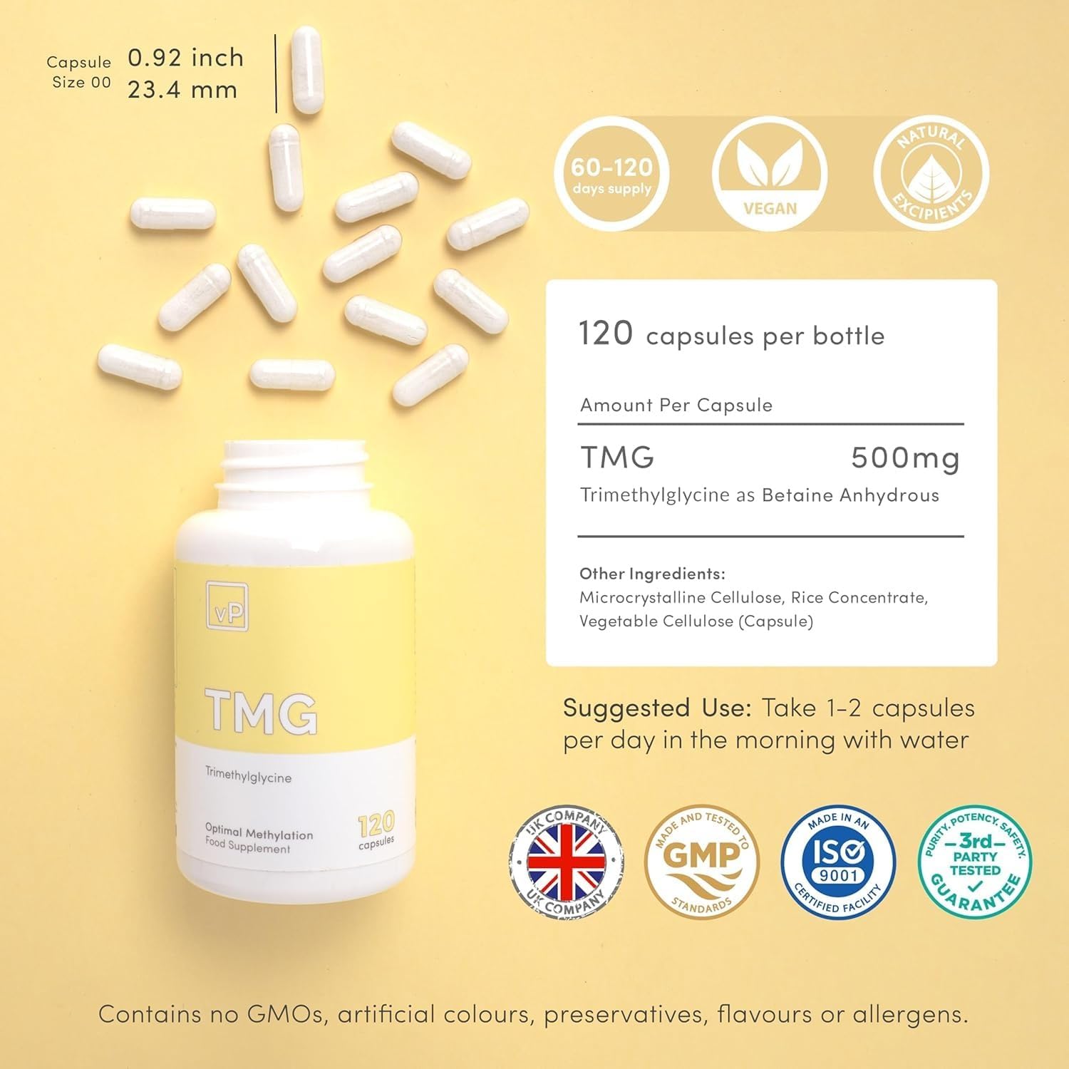 Vitality Pro TMG 500mg x 120 Cápsulas - Suplemento de Trimetilglicina de Alta Pureza