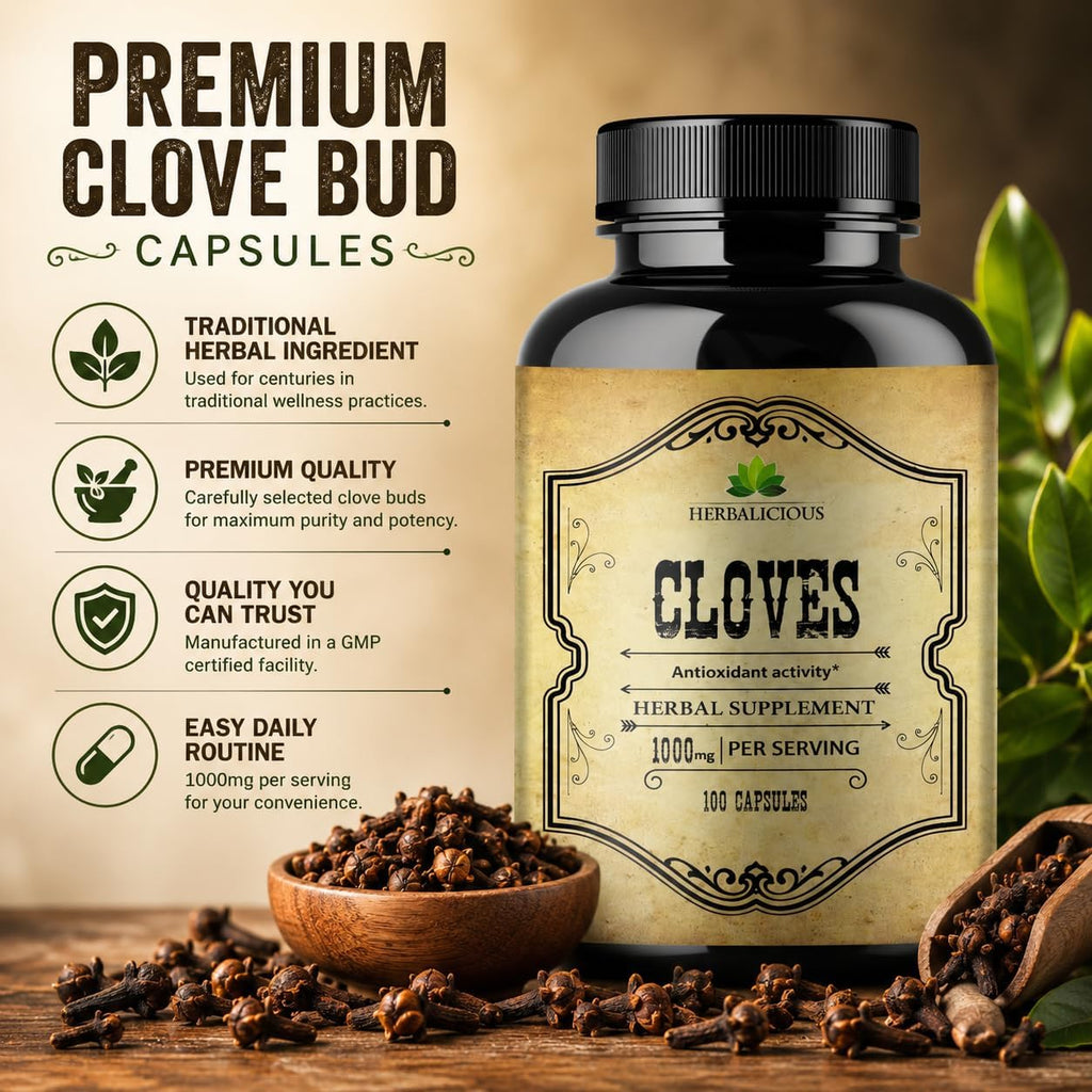 Cápsulas de Clavo - Suplemento Natural - Rico en Vitaminas, Minerales, Manganeso, Fibra - Puede Ayudar a la Digestión y Fortalecer los Huesos - 100 Cápsulas
