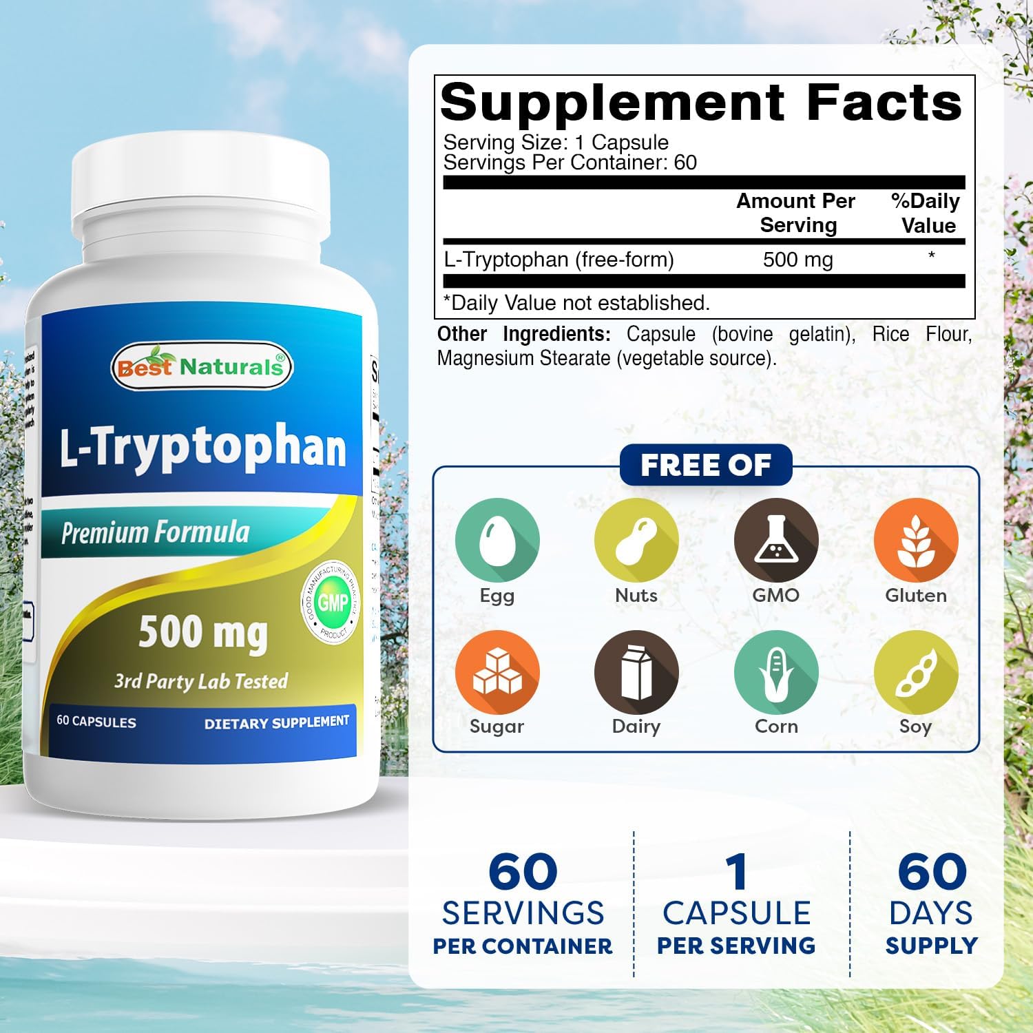 Best Naturals L-Tryptophan 500 mg, 60 Capsules