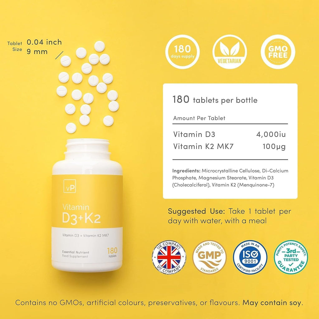 vP Vitality Pro Vitamina D3 4000 UI con Vitamina K2 100 µg, 180 Comprimidos