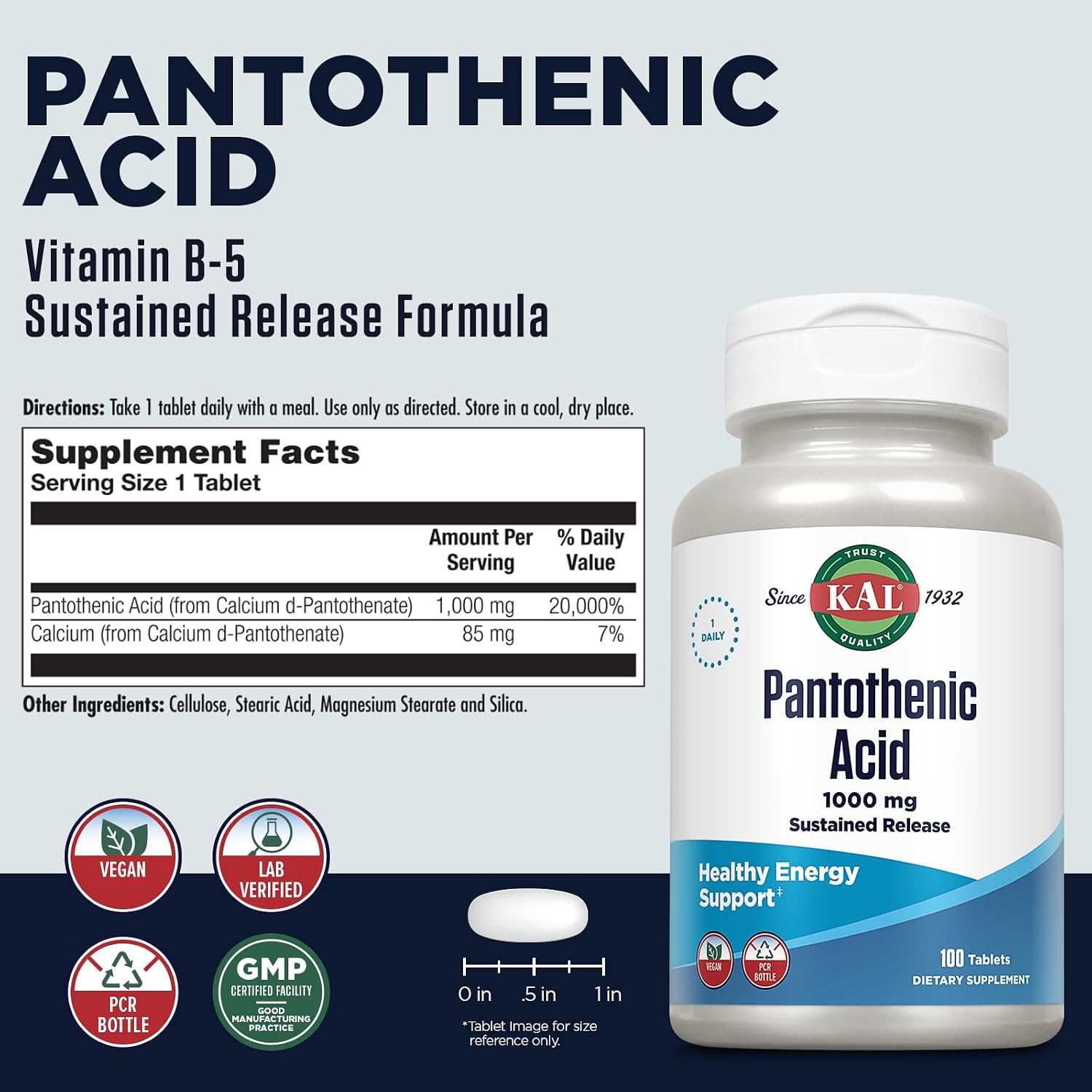 KAL Ácido Pantoténico 1000 mg - Vitamina B5 - Liberación Sostenida - 100 Comprimidos Veganos