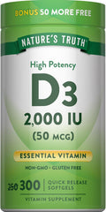 Nature's Truth Vitamina D3 2000 UI | 300 Cápsulas Blandas | Alta Potencia | Sin Gluten y Sin OMG