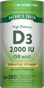 Nature's Truth Vitamina D3 2000 UI | 300 Cápsulas Blandas | Alta Potencia | Sin Gluten y Sin OMG