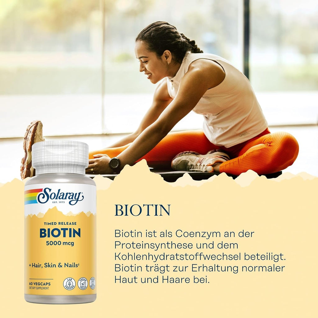 Solaray - Biotina 5000mcg, Liberación Prolongada, 60 Cápsulas Veganas