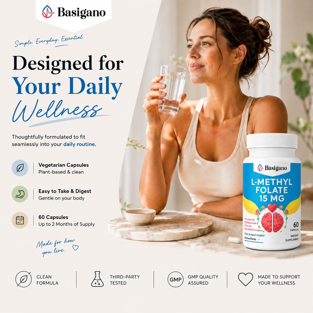 L-Metilfolato 15mg (5-MTHF) - Ácido Fólico Activo Enriquecido con Vitaminas B6 y B12 - 60 Cápsulas Vegetales - No GMO, Sin Gluten