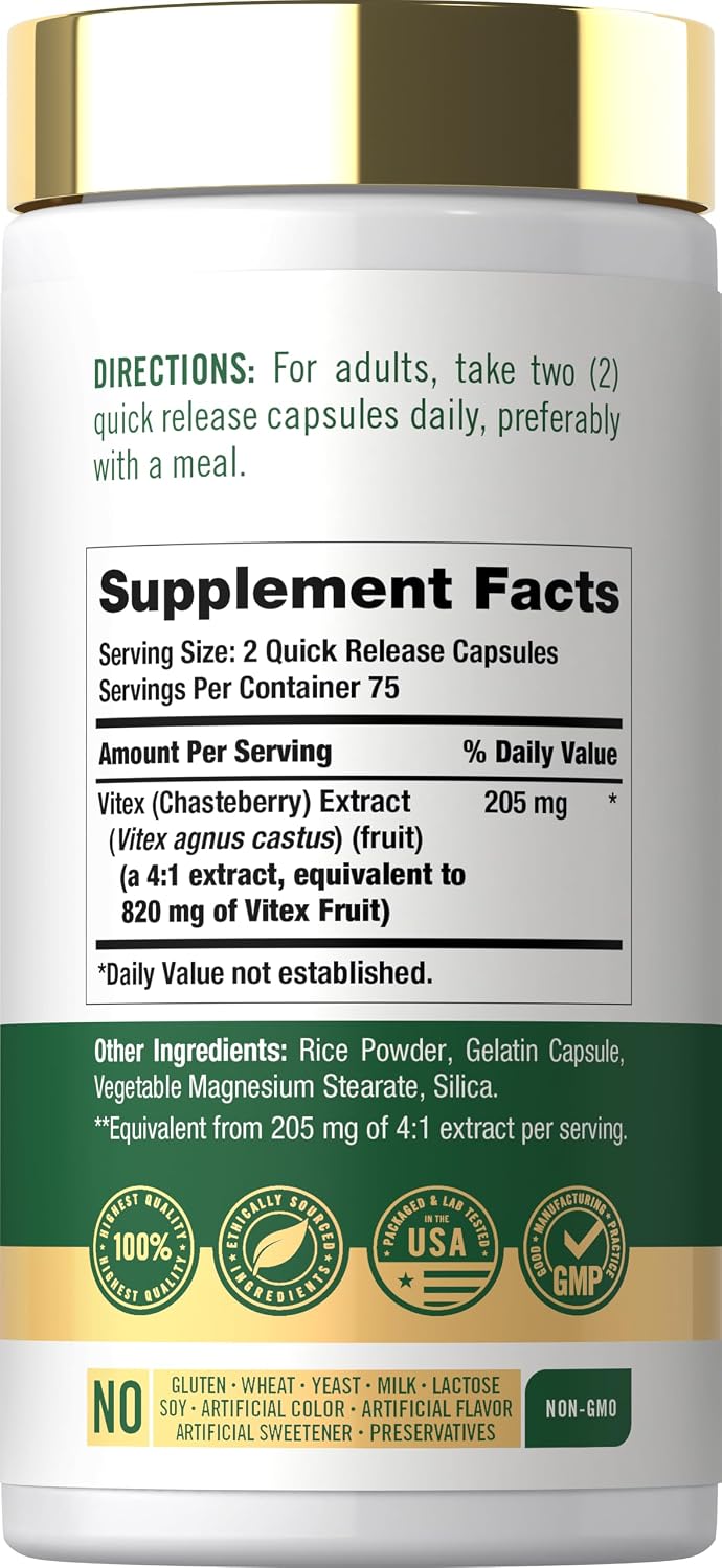 Carlyle Suplemento de Vitex Chasteberry | 150 Cápsulas | Vitex Agnus-Castus para Mujeres | No-GMO, Sin Gluten