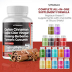 Vitamax Complejo de Canela de Ceilán, Vinagre de Manzana y Cúrcuma con Ginseng, Berberina y 12 Ingredientes Más - 60 Cápsulas