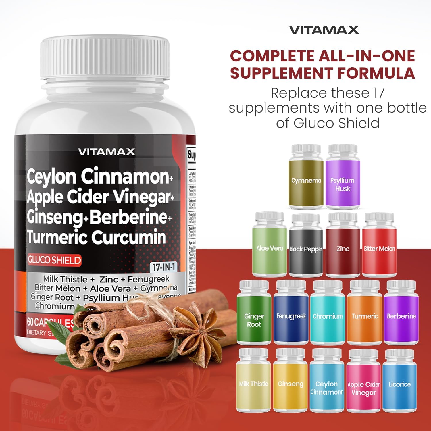 Vitamax Complejo de Canela de Ceilán, Vinagre de Manzana y Cúrcuma con Ginseng, Berberina y 12 Ingredientes Más - 60 Cápsulas