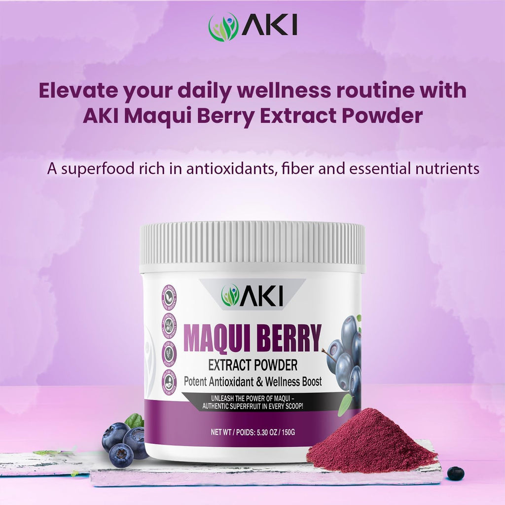 AKI Extracto de Maqui Berry en Polvo - Silvestre de la Patagonia, Alto en Antocianinas y Polifenoles, Liofilizado, 150g