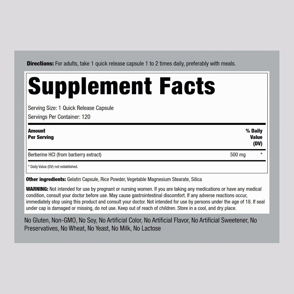 Piping Rock Berberine HCL Cápsulas 500mg - 120 Cápsulas - Extracto de Berberina - No Transgénico, Sin Gluten – Image 2