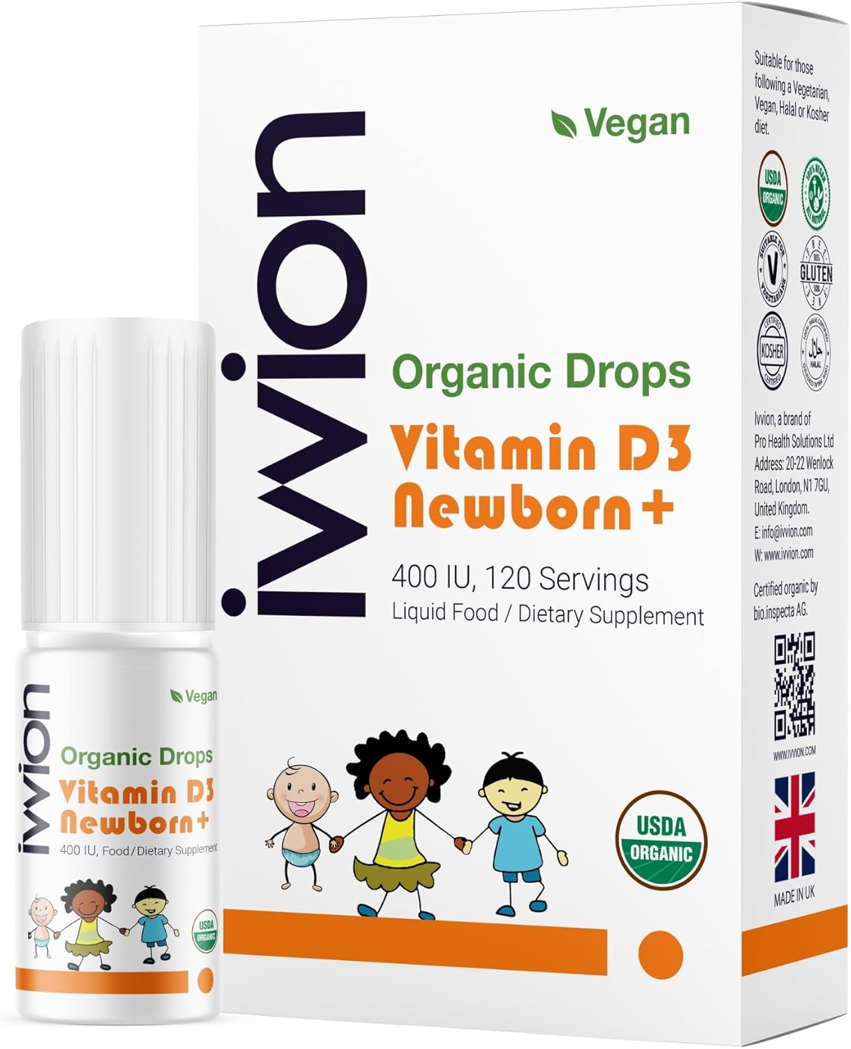 Gotas de Vitamina D3 Orgánica Vegana para Bebés – 400 UI, 120 dosis