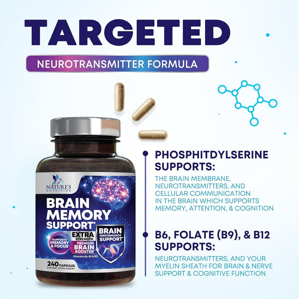 Suplemento para la Memoria y el Cerebro - Nootrópicos 3X Concentración, Claridad y Enfoque - Con Bacopa, Fosfatidilserina y DMAE - 240 Cápsulas