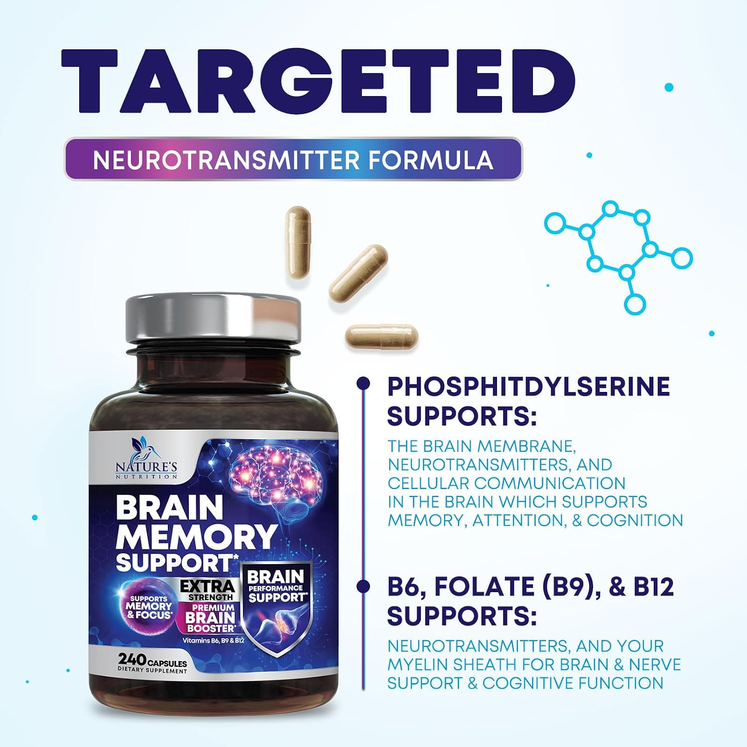 Suplemento para la Memoria y el Cerebro - Nootrópicos 3X Concentración, Claridad y Enfoque - Con Bacopa, Fosfatidilserina y DMAE - 240 Cápsulas