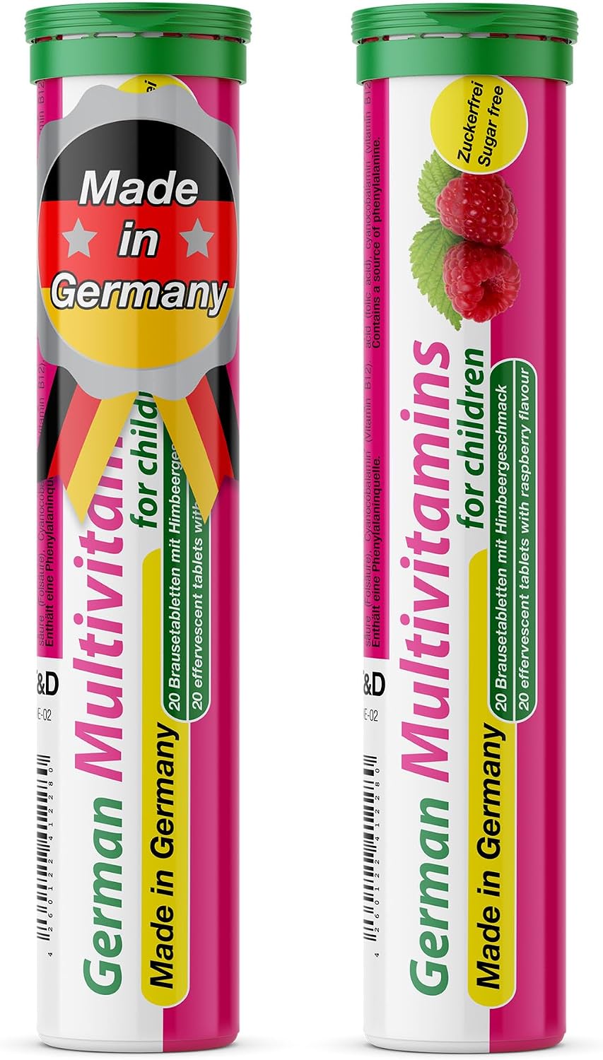 T&D Multivitamínico Infantil 8 Vitaminas - 100 Comprimidos Efervescentes Veganos - Sabor Frambuesa - Hecho en Alemania