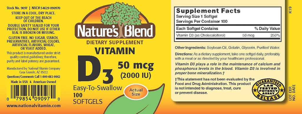 Nature's Blend Vitamina D3 50 mcg (2000 UI) 100 Cápsulas Blandas
