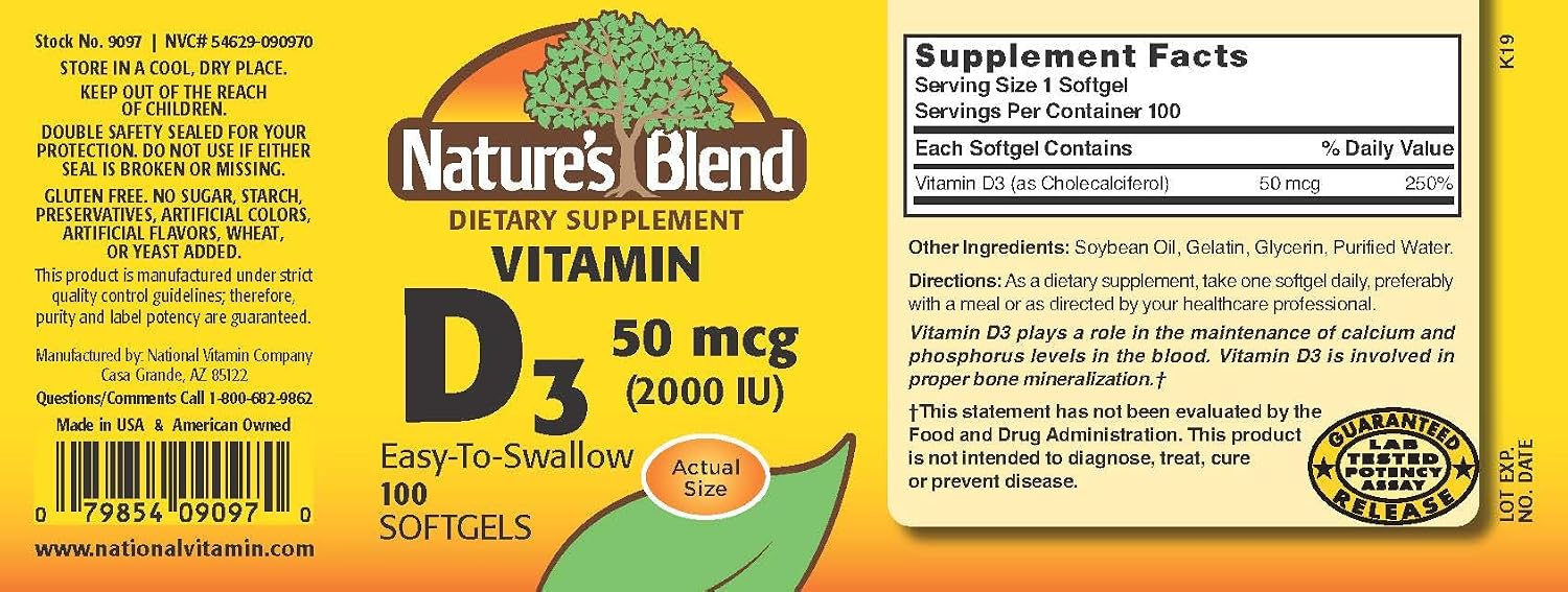 Nature's Blend Vitamina D3 50 mcg (2000 UI) 100 Cápsulas Blandas