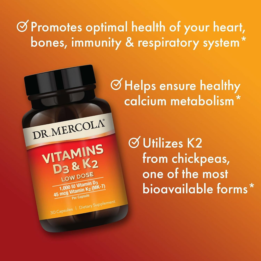 Dr. Mercola Vitamina D3 y K2 Dosis Baja - 1000 IU D3 + 45 mcg K2 MenaQ7 - 30 Cápsulas