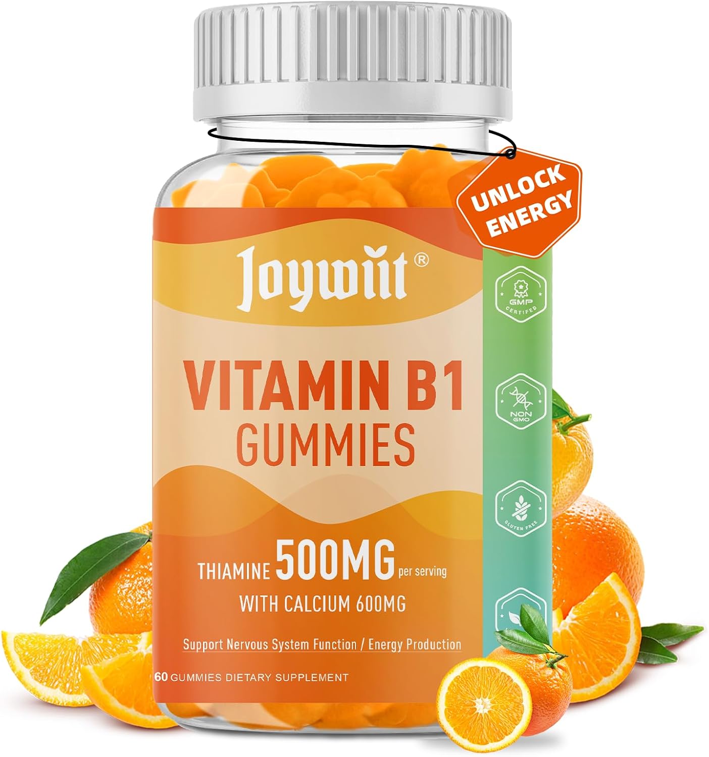 Joywiit Gominolas de Vitamina B1 500mg, Suplemento de Tiamina para Adultos, con 600mg de Citrato de Calcio, Apoya el Sistema Nervioso, Vegano, Masticable Sabor Naranja Natural