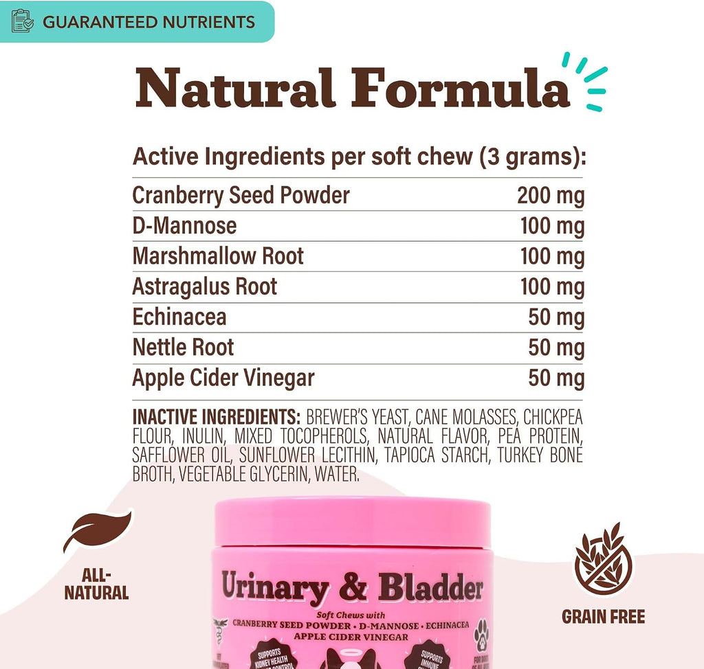 Natural Dog Company Suplemento Urinario y de Vejiga para Perros – Arándano Rojo, D-Manosa, Malvavisco y Astrágalo, Snacks Blandos, 90 uds.