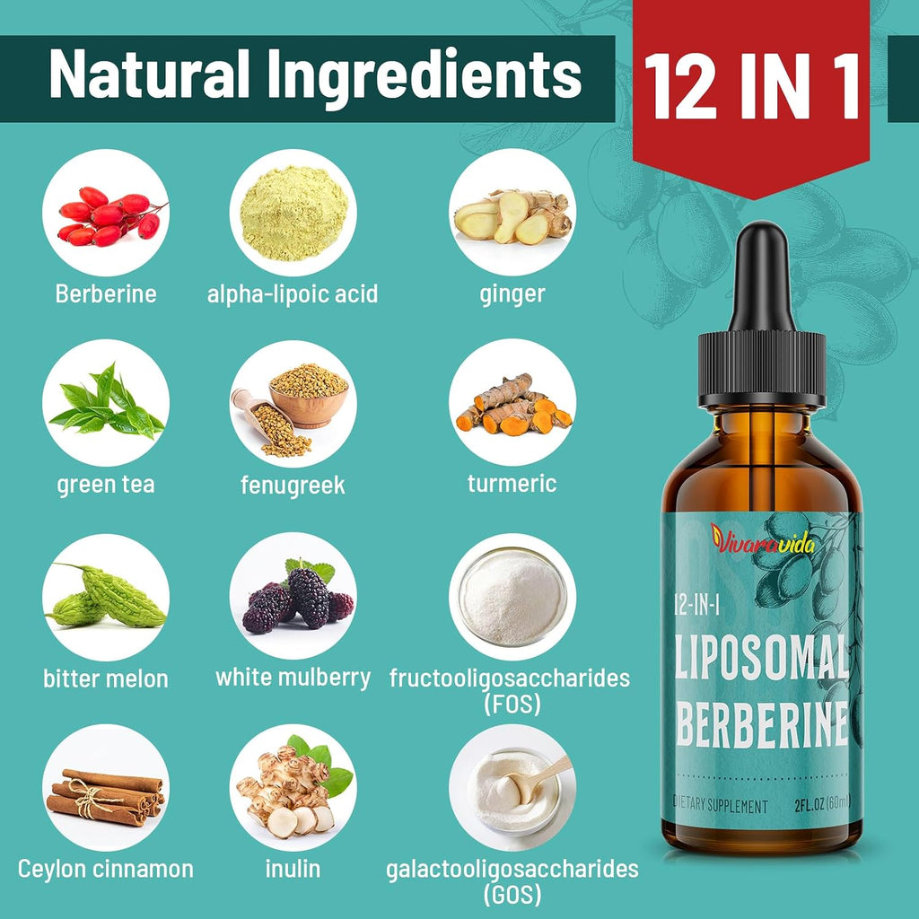 Berberine HCl 3000 mg - Berberina Liposomal con Cúrcuma, Canela de Ceilán y 12 Ingredientes Naturales - 118 ml
