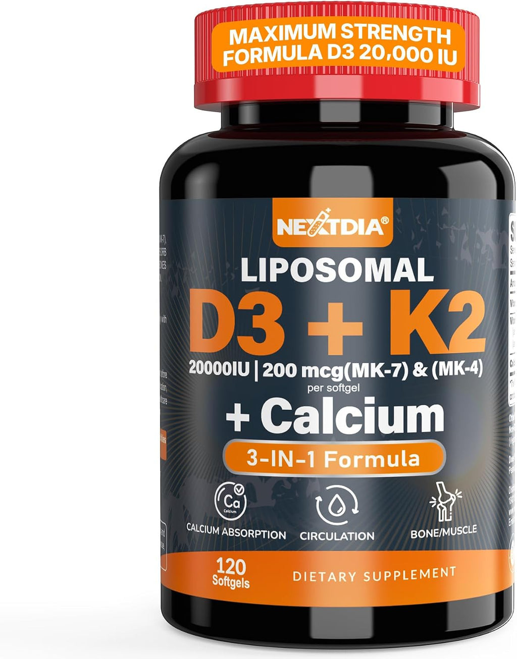 Nextdia Vitamina D3 20.000 UI + K2 (MK-4 y MK-7) 200mcg + Citrato de Calcio - Cápsulas blandas, 2 Paquetes (240 cápsulas)