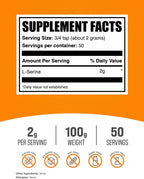 BulkSupplements L-Serine Powder - Amino Acid Supplement, Unflavored, Gluten-Free, 2g per Serving, 100g