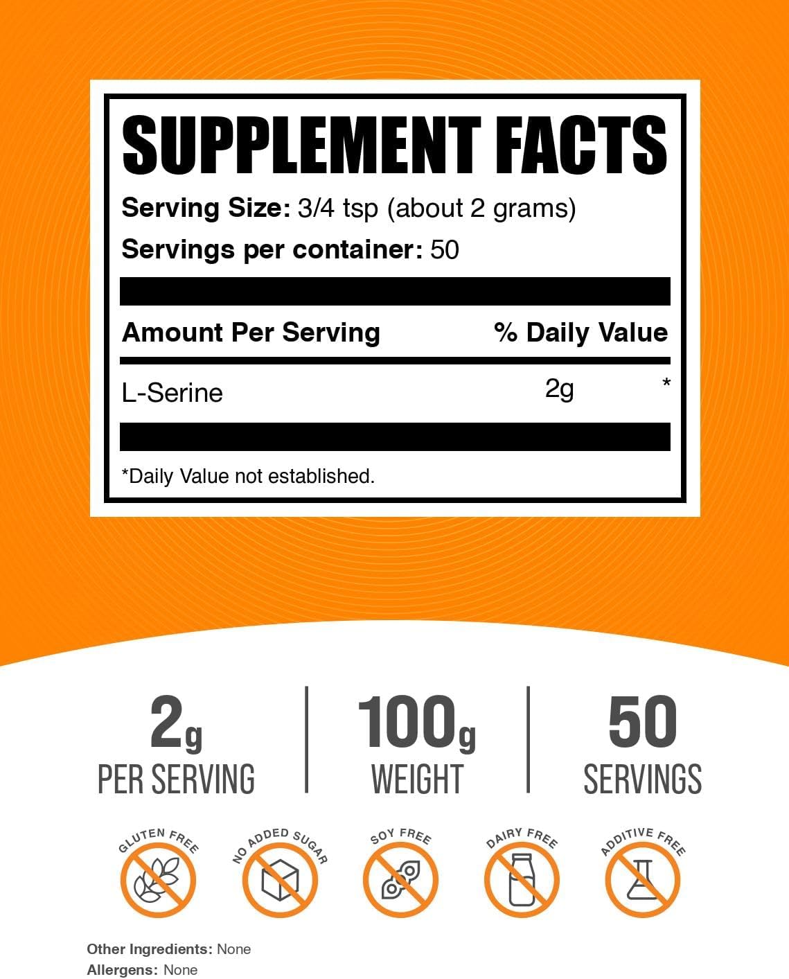 BulkSupplements L-Serine Powder - Amino Acid Supplement, Unflavored, Gluten-Free, 2g per Serving, 100g