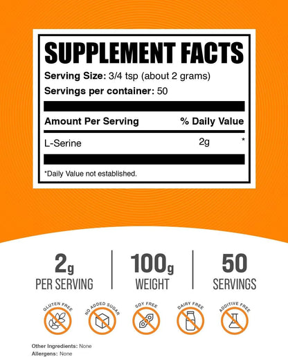 BulkSupplements L-Serina en Polvo - Suplemento de Aminoácidos, Sin Sabor, Sin Gluten, 2g por Ración, 100g – Image 2