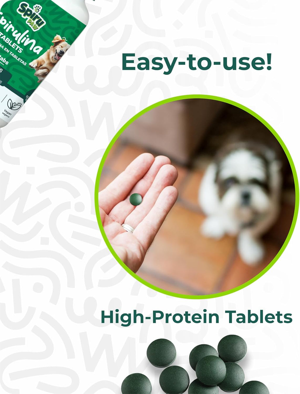 SPIRU PAW Comprimidos de Espirulina para Perros y Gatos - Complemento Natural con Microalgas - 60 Comprimidos
