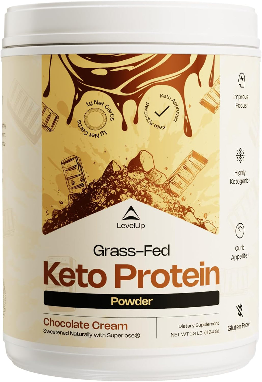 LevelUp Keto Protein, con Péptidos de Colágeno, MCT Energético, Aislado de Proteína de Suero, Complemento Alimenticio en Polvo Keto - Vainilla Sweet Cream