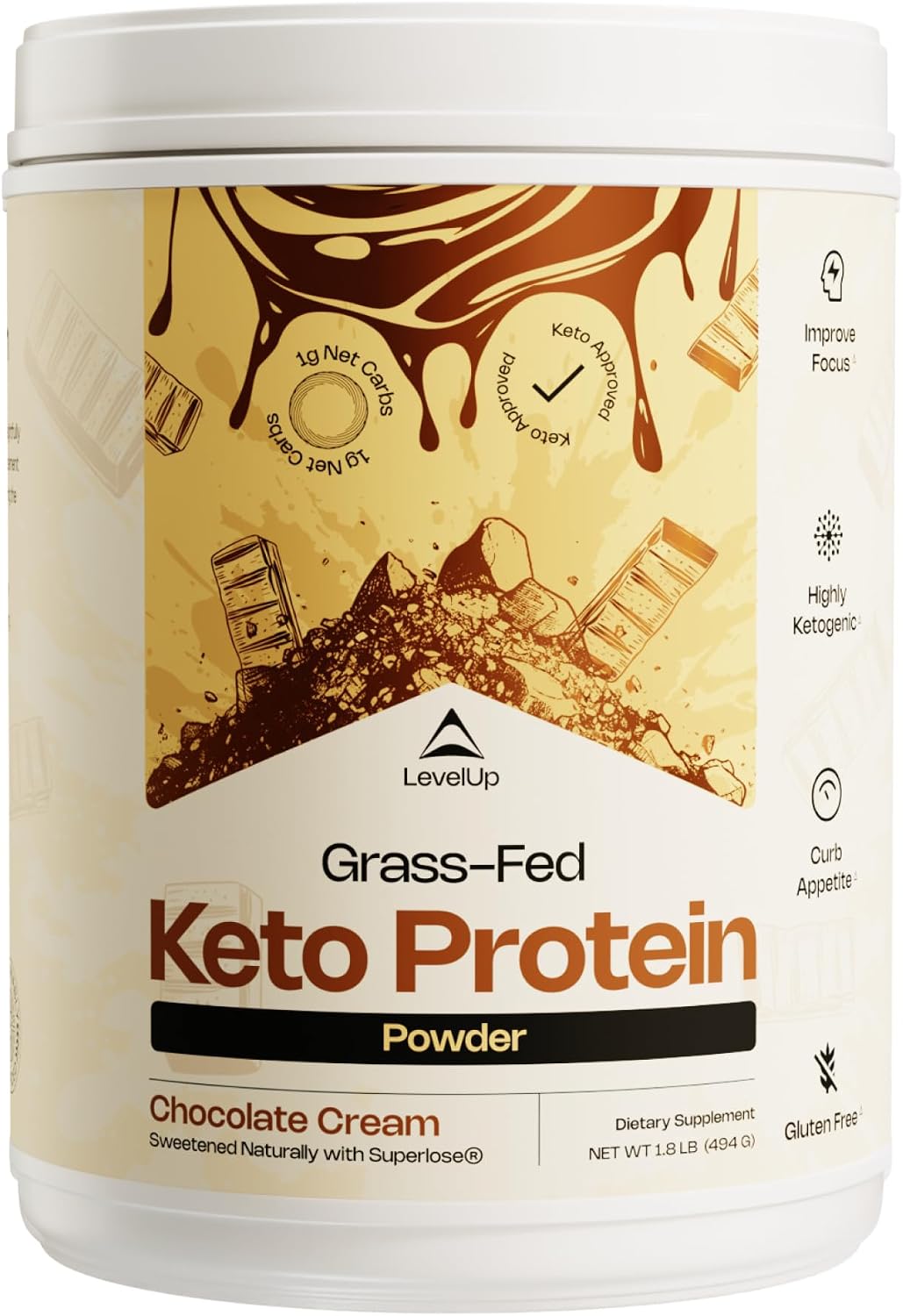 LevelUp Keto Protein, con Péptidos de Colágeno, MCT Energético, Aislado de Proteína de Suero, Complemento Alimenticio en Polvo Keto - Vainilla Sweet Cream