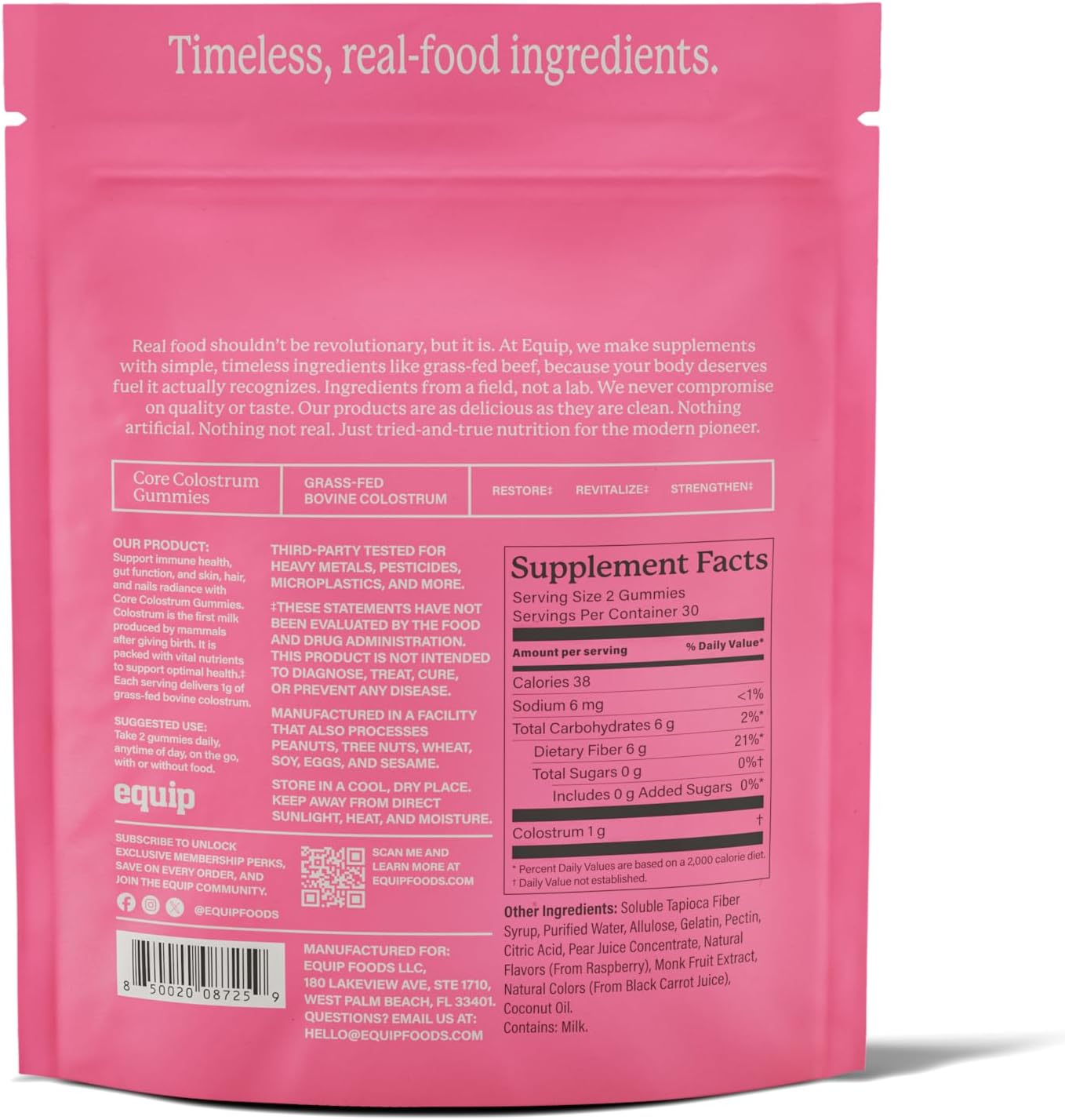Equip Foods Core Bovine Colostrum Gummies - 60 Gominolas de Calostro Bovino, 1g por Ración, Sabor Frambuesa
