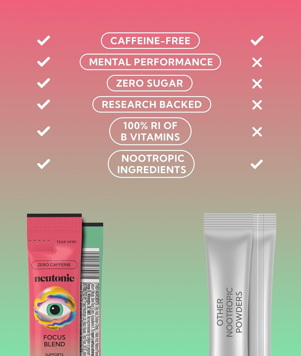 Neutonic Nootropic Focus Blend Powder - Sabor Menta Sandía, 16 sticks - Sin cafeína, Sin azúcar